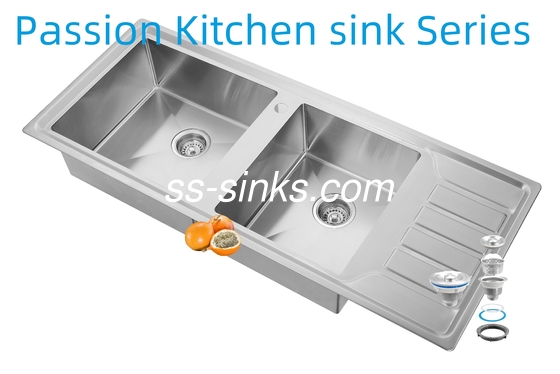 12050 Кухонная раковина ручной работы из нержавеющей стали с двумя чашами и сушилкой