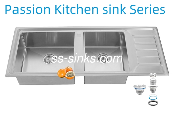 12050 Кухонная раковина ручной работы из нержавеющей стали с двумя чашами и сушилкой